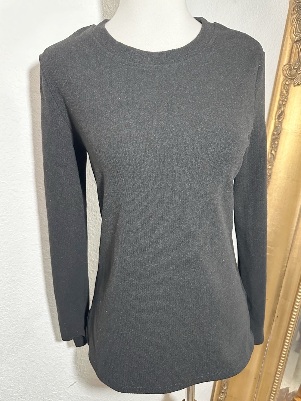 New Amazon Black Ribbed Fleece Crew Neck Long Sleeve Top Size Small